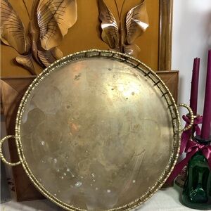 Hollywood Regency Brass Round Gold Gallery Tray w Handles, Faux Bamboo Vtg Brass